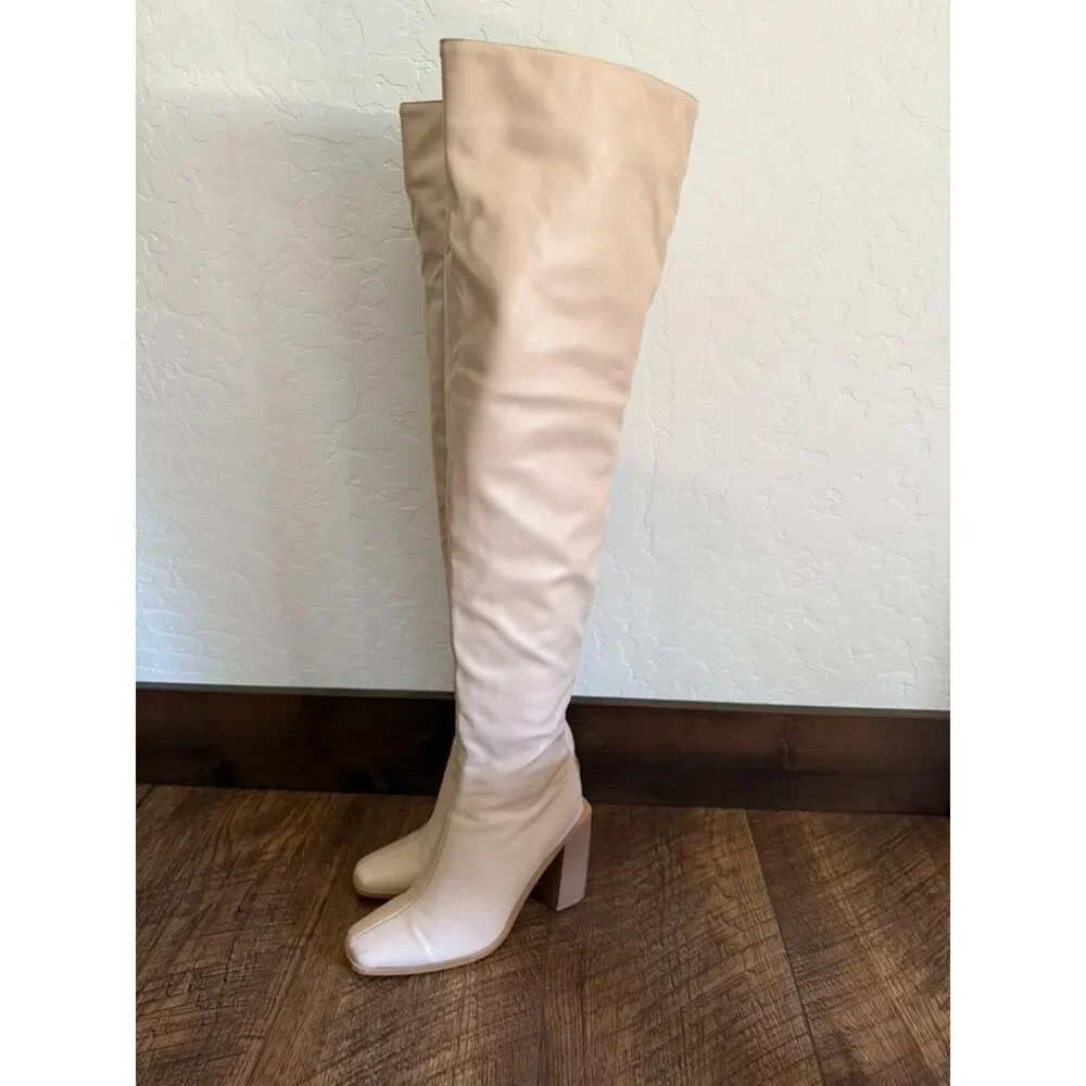 PLT Nude/Cream Faux Leather Square Toe Block Heel Over the Knee Boots